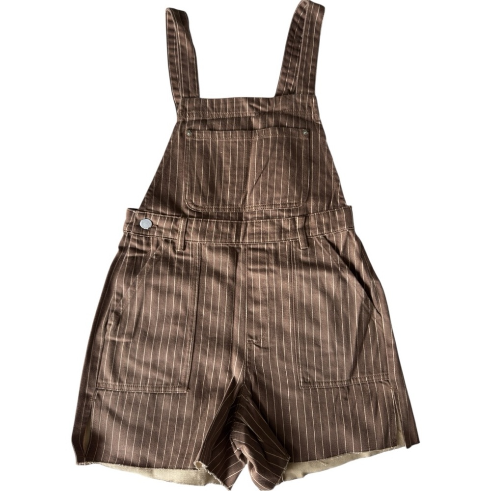 WEWOREWHAT Slit Overall Shorts Romper Pinstripe Brown Raw Hem Size M NWT - Picture 3 of 7